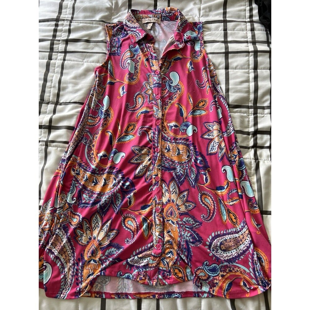 Harlow And Rose Sz Small Button Collared Bright Colorful‎ Jersey Paisley Dress